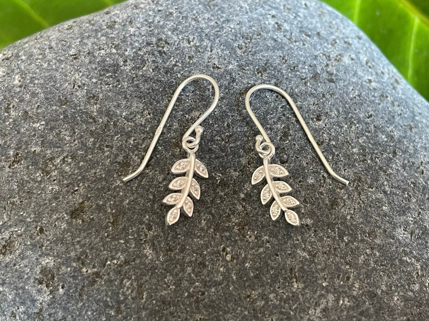 Olive Leaf Drop Earrings - 925 Sterling Silver with Cubic Zirconia CZ