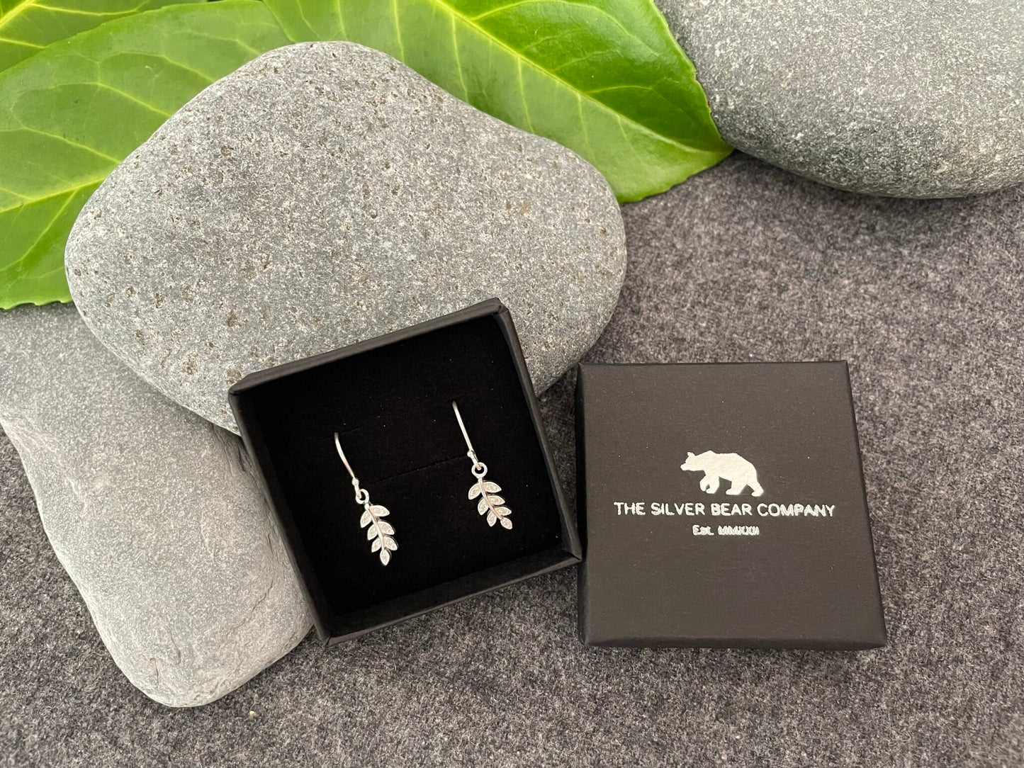 Olive Leaf Drop Earrings - 925 Sterling Silver with Cubic Zirconia CZ