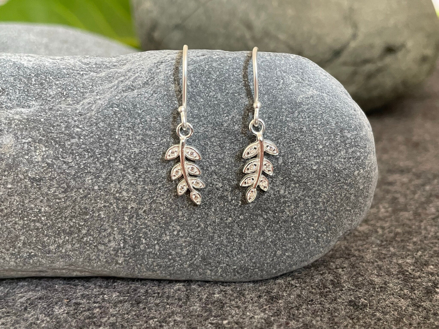 Olive Leaf Drop Earrings - 925 Sterling Silver with Cubic Zirconia CZ