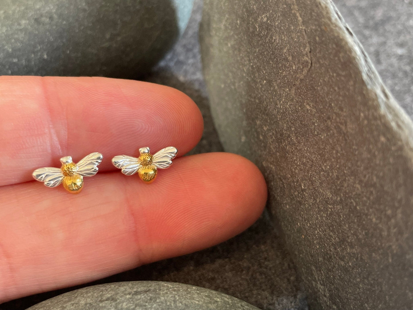 Bee - 925 Sterling Silver & Gold Plain Stud Earrings - Boxed