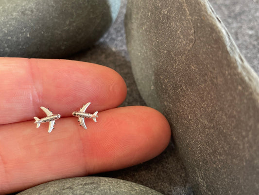 Aeroplane - 925 Sterling Silver Plain Stud Earrings Boxed