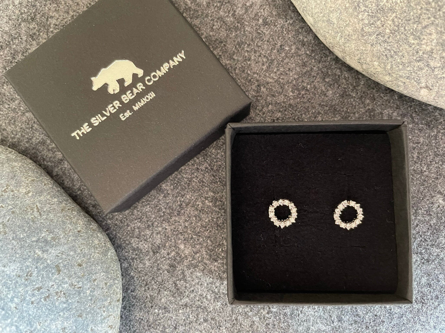 Circle - 925 Sterling Silver Cubic Zirconia CZ Stud Earrings - Boxed