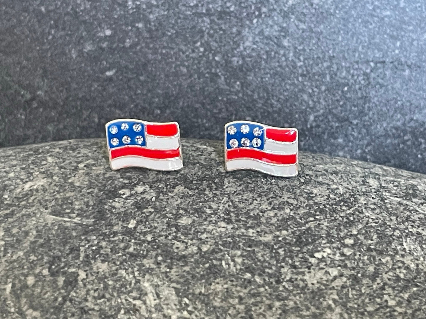 USA Flag - 925 Sterling Silver Colourful Stud Earrings with Crystal stars