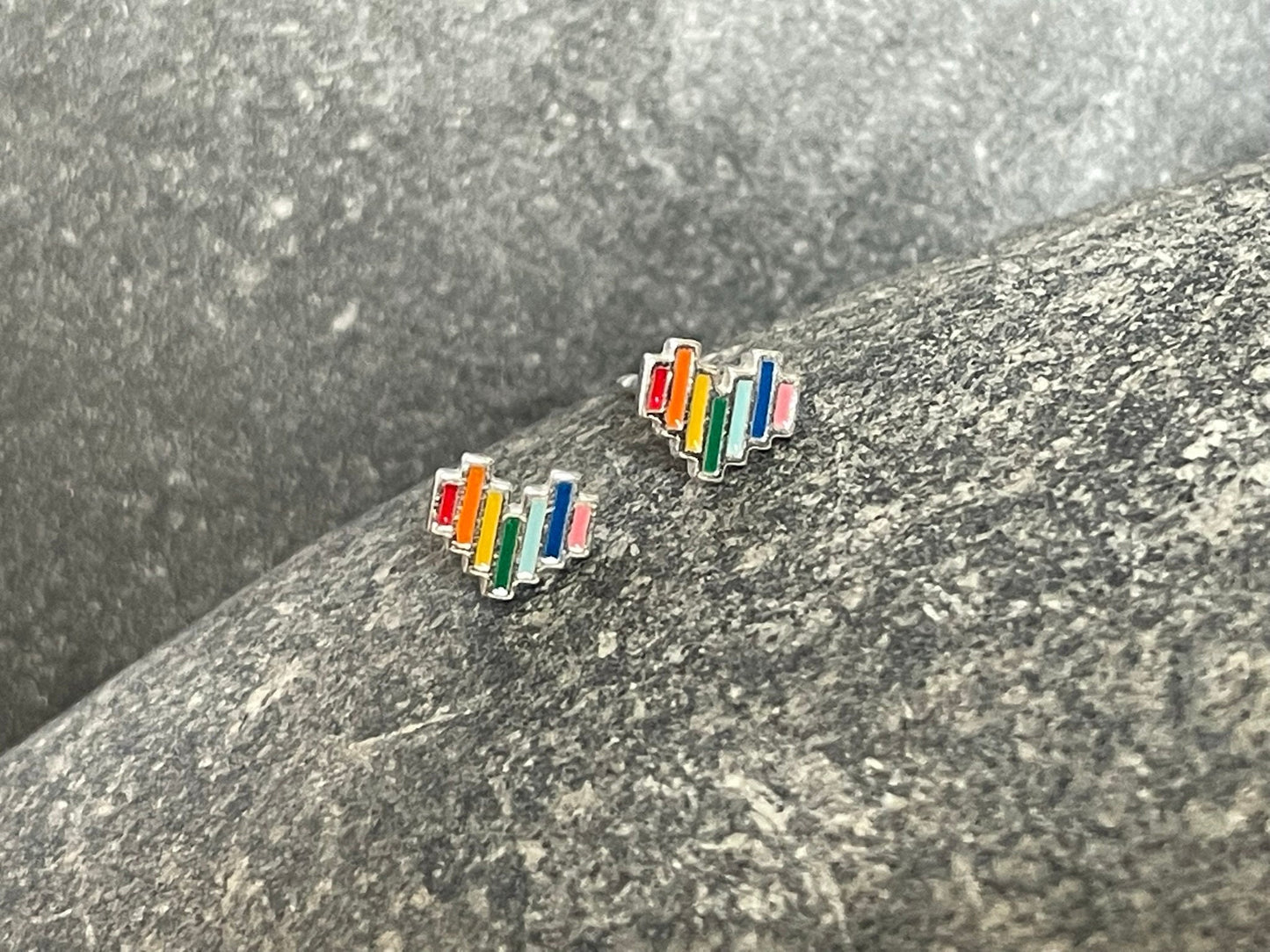 Pride Rainbow Heart - 925 Sterling Silver Colourful Stud Earrings