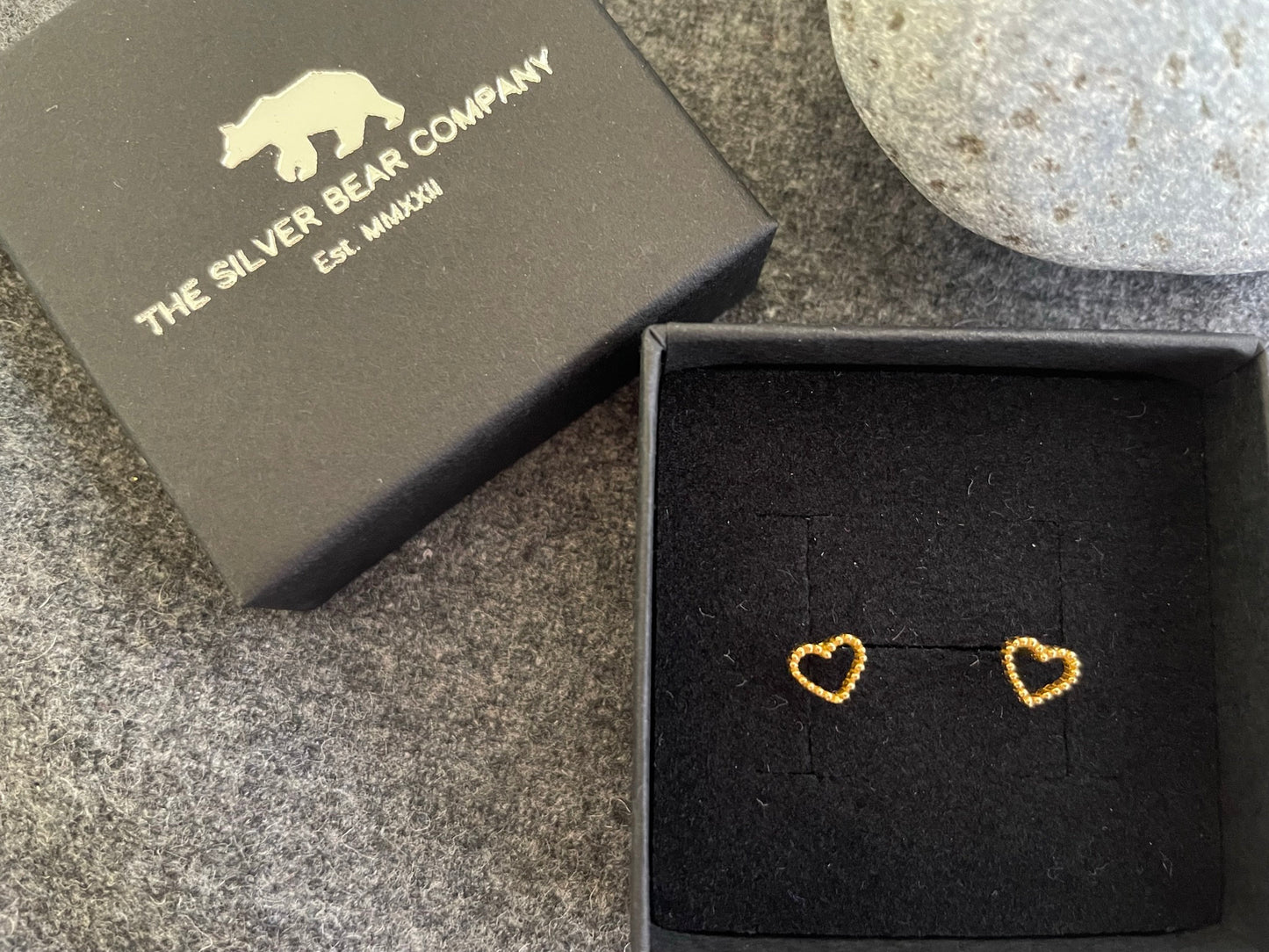 Beaded Heart (Gold) - 925 Sterling Silver Plain Stud Earrings - Boxed