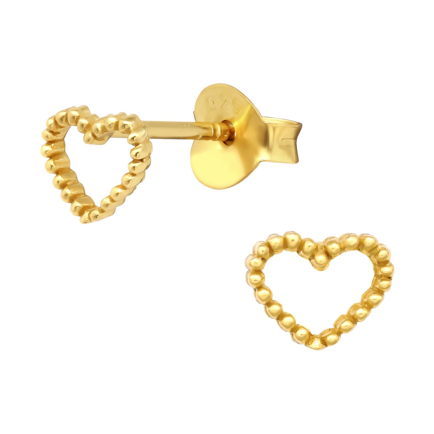 Beaded Heart (Gold) - 925 Sterling Silver Plain Stud Earrings - Boxed