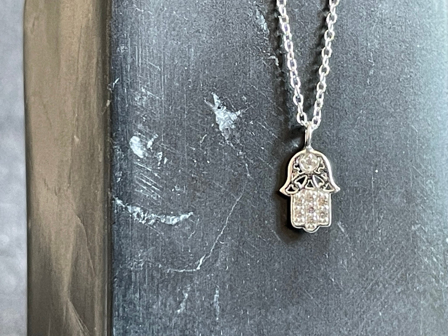 Sterling Silver Hamsa Hand Necklace: Cubic Zirconia Fatima Pendant
