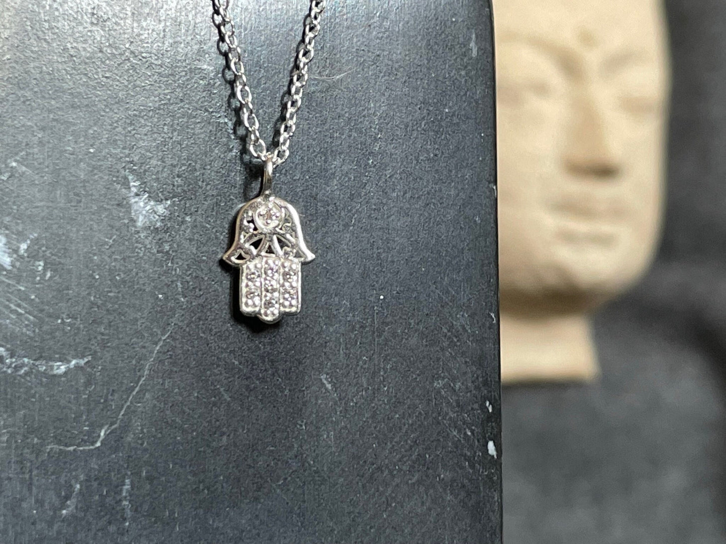 Sterling Silver Hamsa Hand Necklace: Cubic Zirconia Fatima Pendant