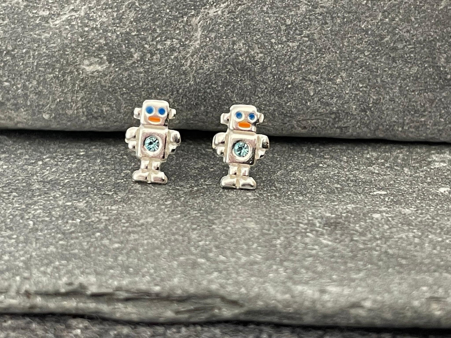 Sterling Silver Robot Stud Earrings: Cubic Zirconia & Resin