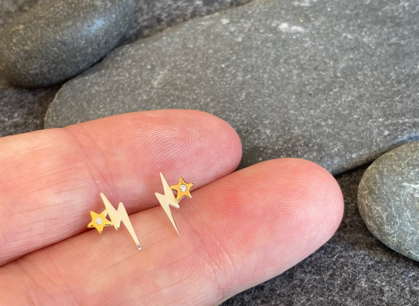 Sterling Silver Lightning Bolt Star Stud Earrings with CZ