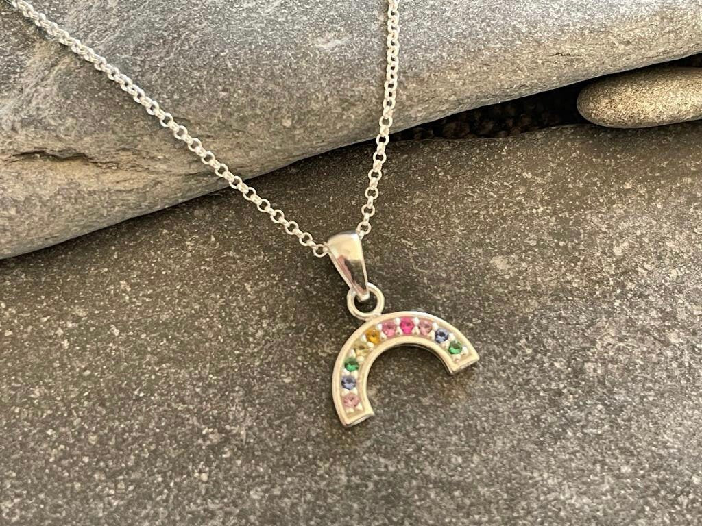 Rainbow - 925 Sterling Silver Necklace with colourful Cubic Zirconia CZ semi-circle Pendant Boxed