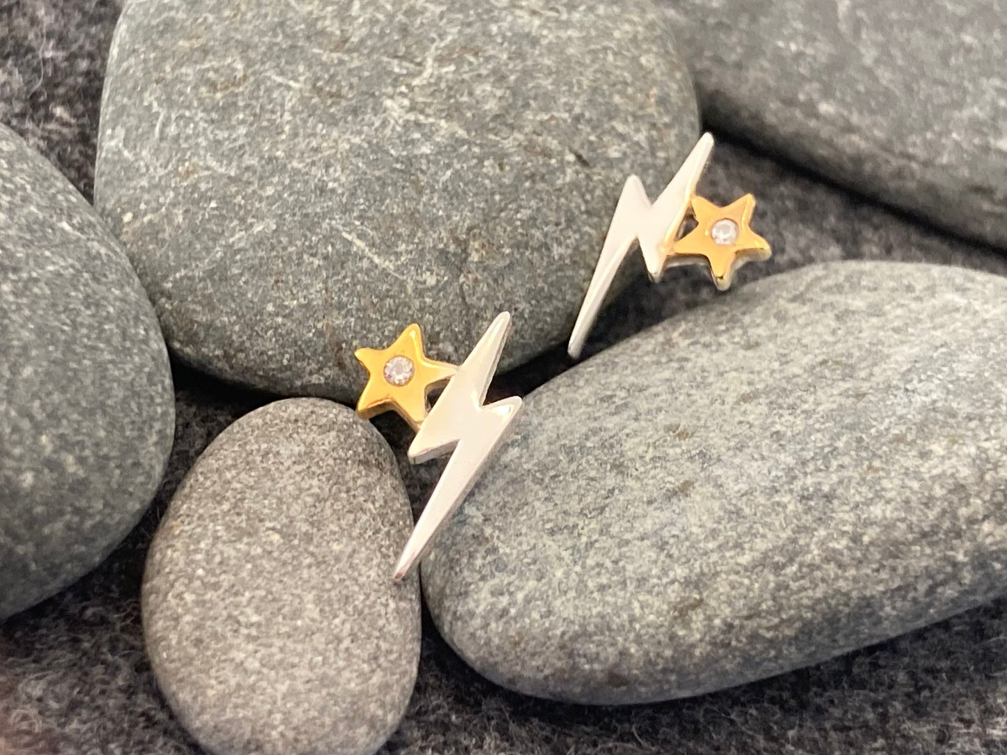 Sterling Silver Lightning Bolt Star Stud Earrings with CZ