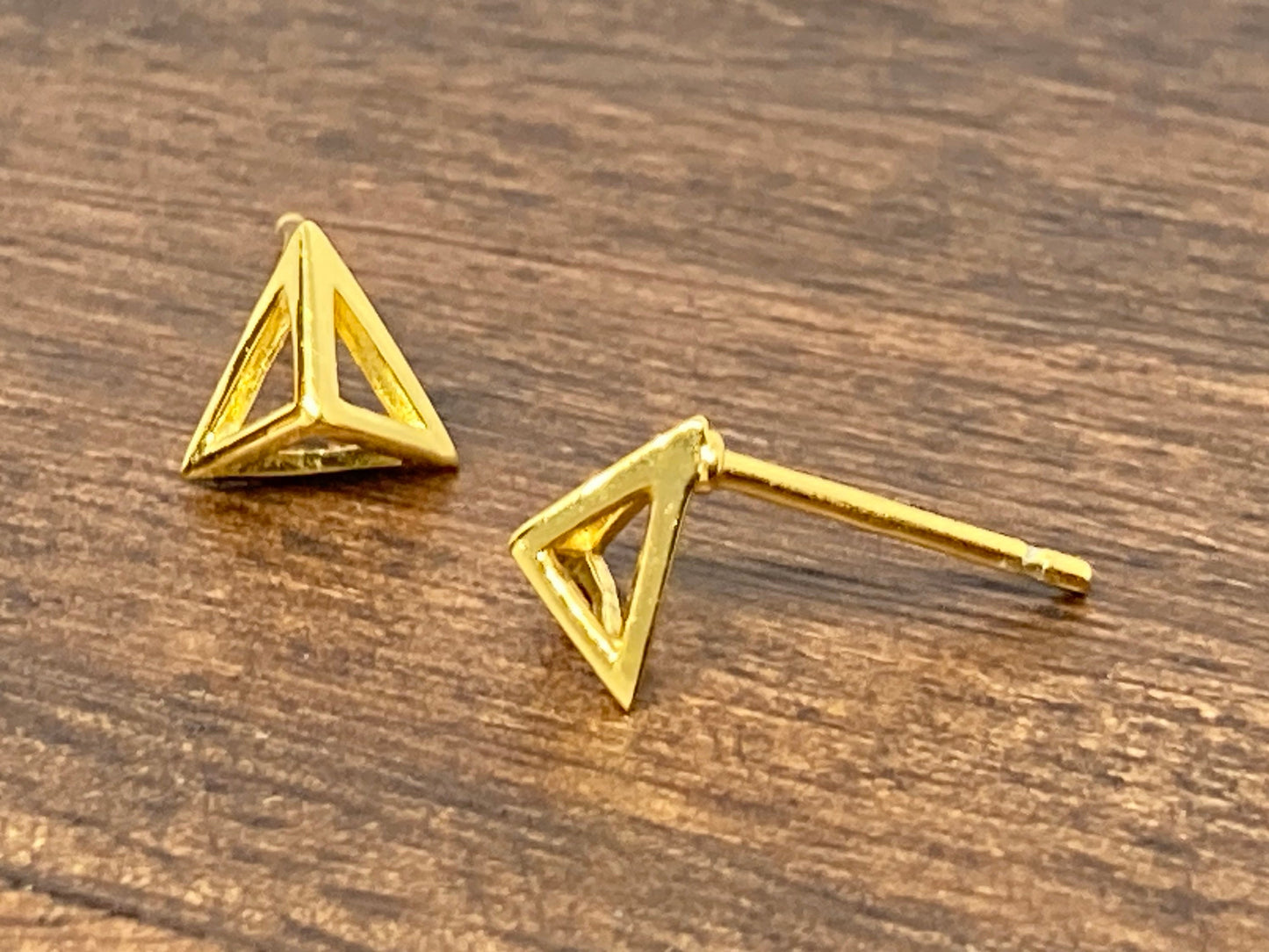 Triangle Pyramid Frame - 925 Sterling Silver 14ct Gold Plated Geometric Stud Earrings Boxed