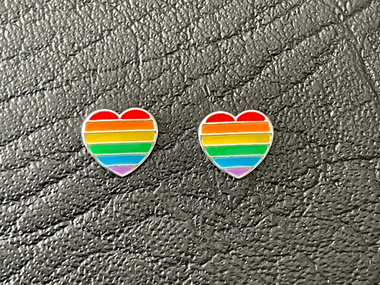 Pride Rainbow Heart - 925 Sterling Silver Colourful Stud Earrings