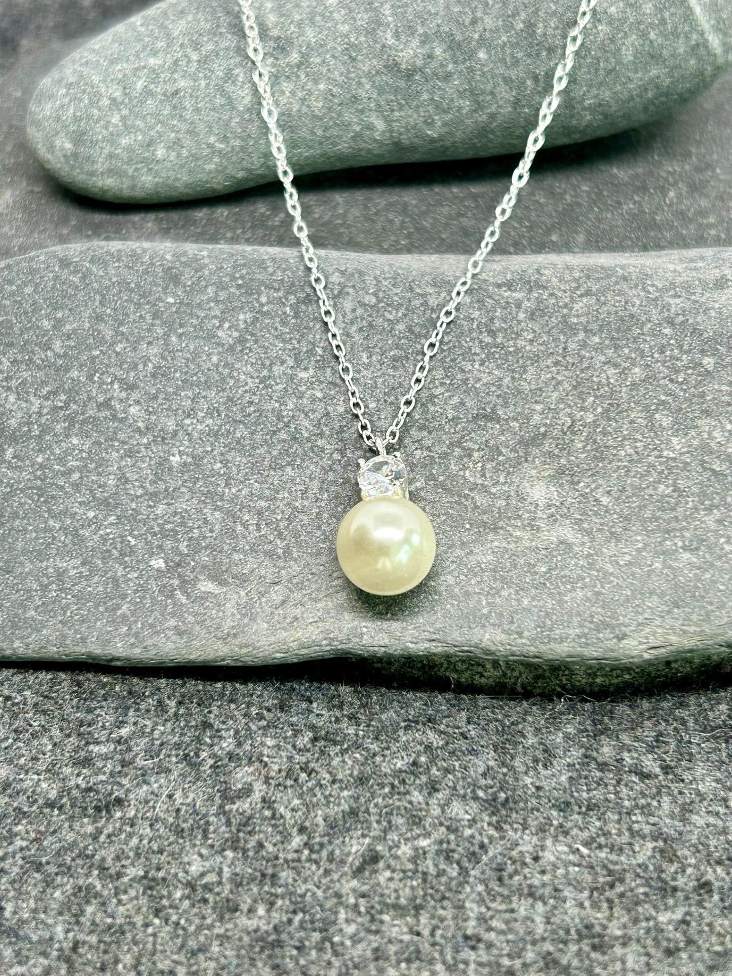 Pearl Necklace - 925 Sterling Silver Pearl & Cubic Zirconia CZ Pendant and Chain - Boxed