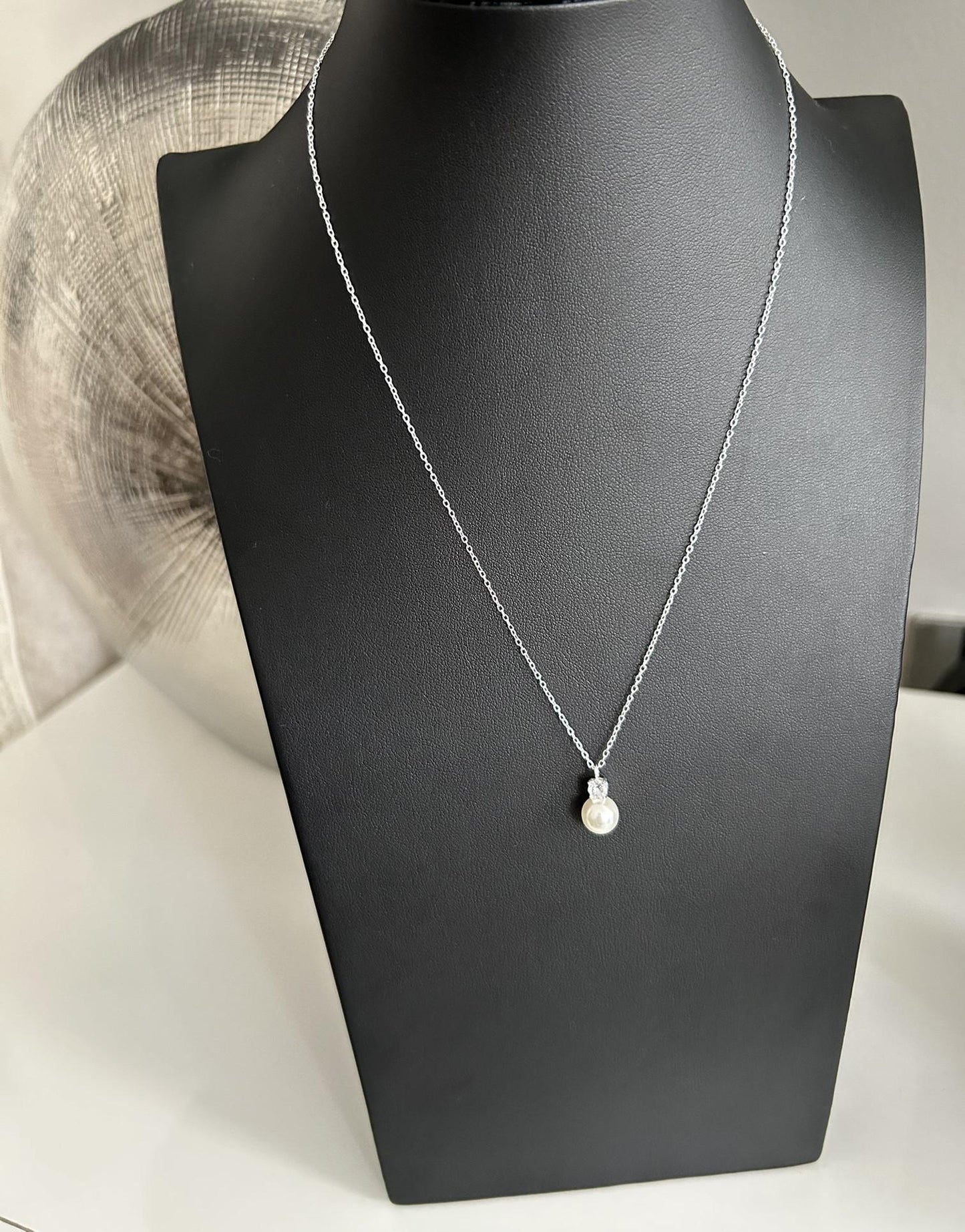 Pearl Necklace - 925 Sterling Silver Pearl & Cubic Zirconia CZ Pendant and Chain - Boxed