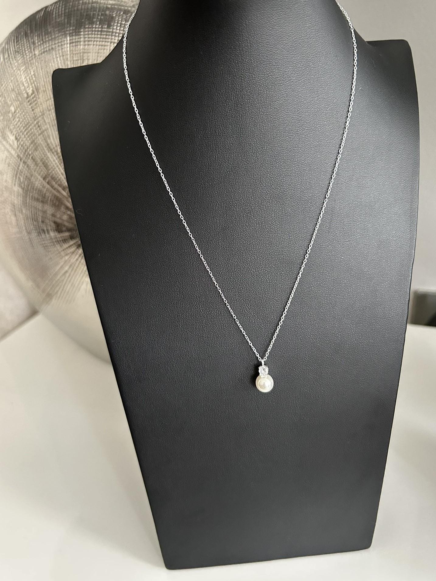 Pearl Necklace - 925 Sterling Silver Pearl & Cubic Zirconia CZ Pendant and Chain - Boxed