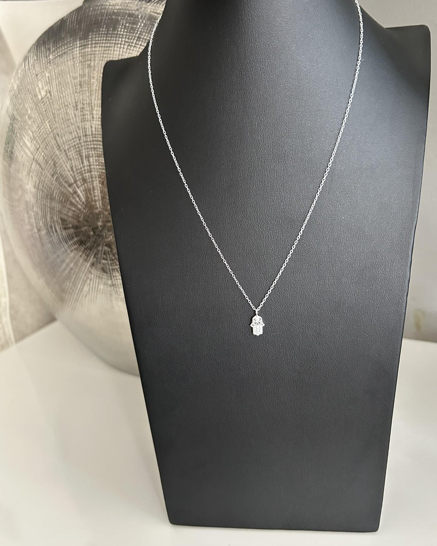 Sterling Silver Hamsa Hand Necklace: Cubic Zirconia Fatima Pendant