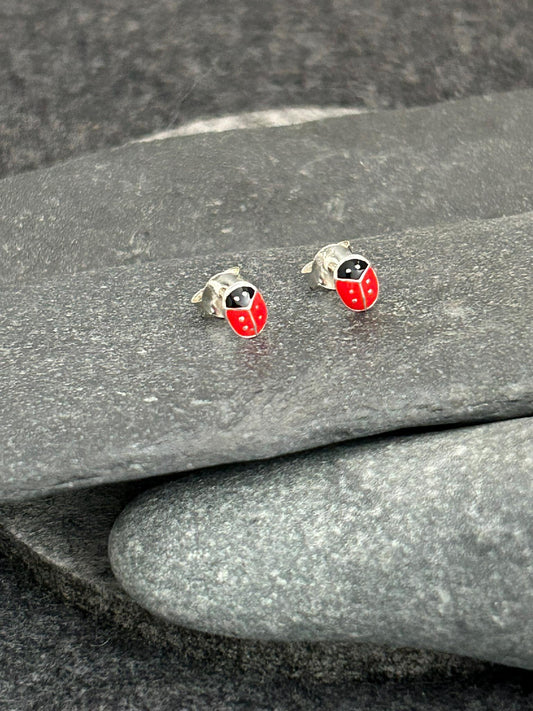 Mini Ladybird - 925 Sterling Silver Colourful Stud Earrings