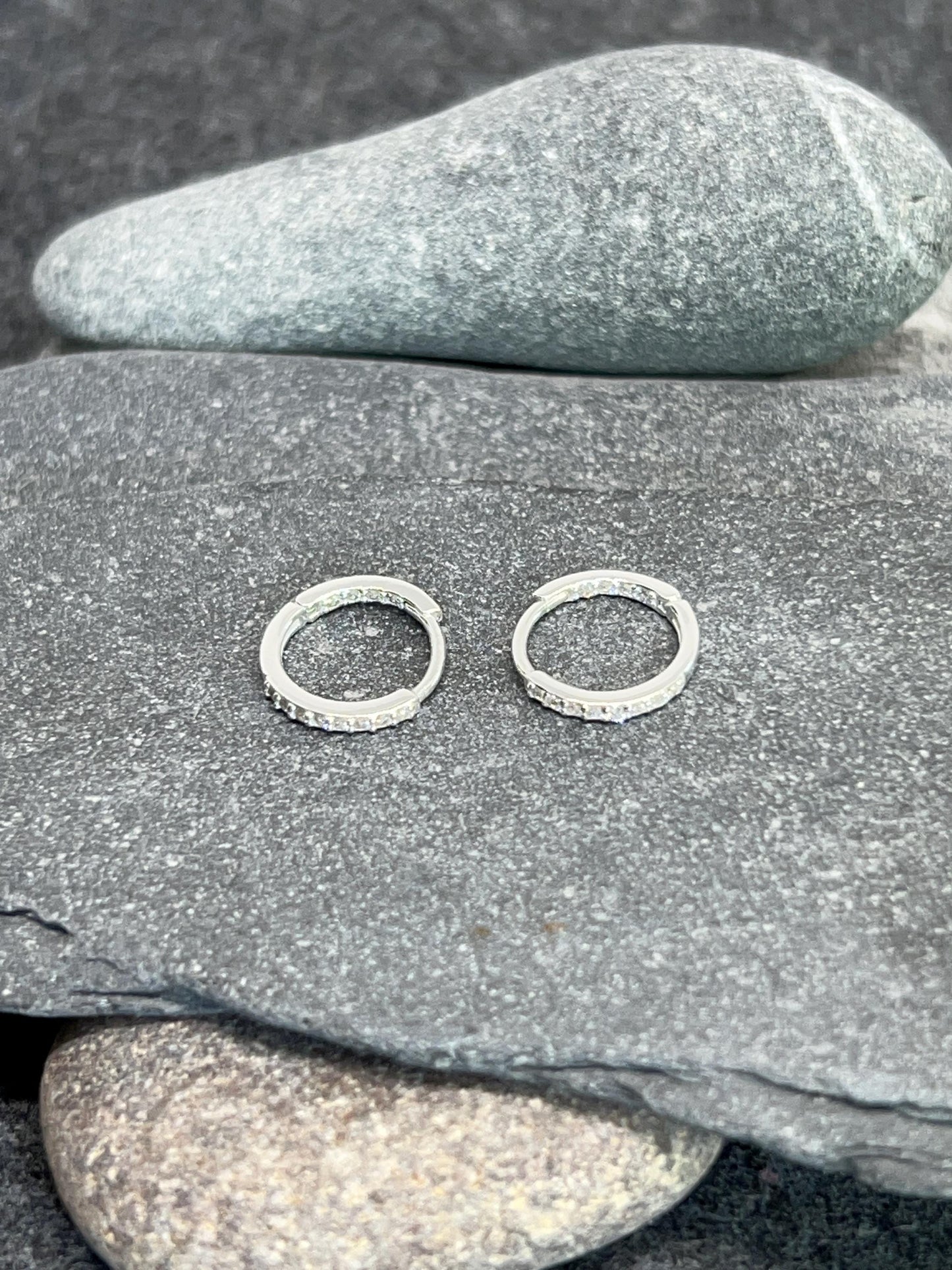 Silver Huggie Ear Hoops - 925 Sterling Silver with Cubic Zirconia. Boxed