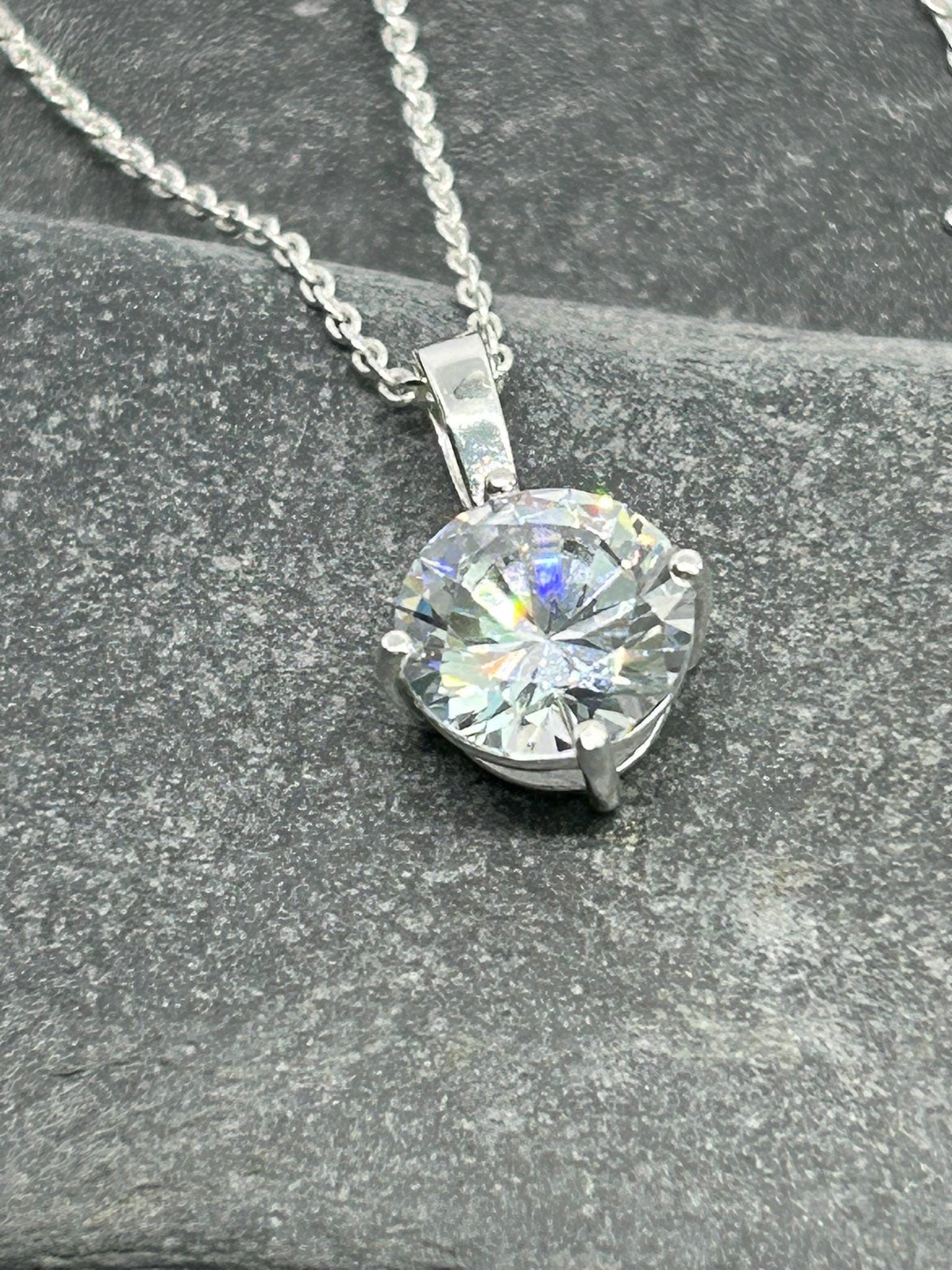Diamond Round Solitaire - 925 Sterling Silver Pendant and Necklace - Boxed - Classic Elegance
