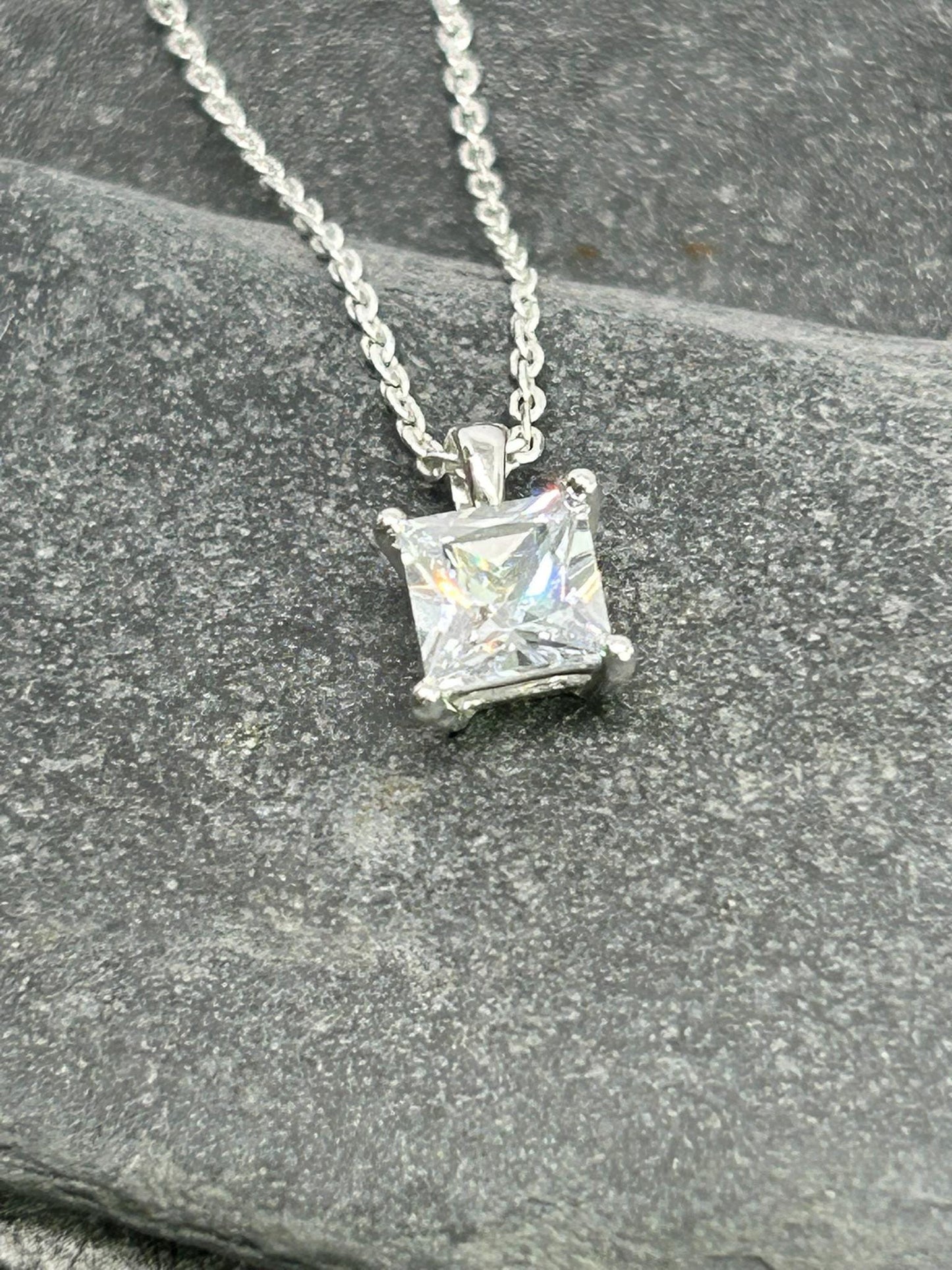 Diamond Square Solitaire 925 Sterling Silver Necklace - Boxed - Timeless Elegance