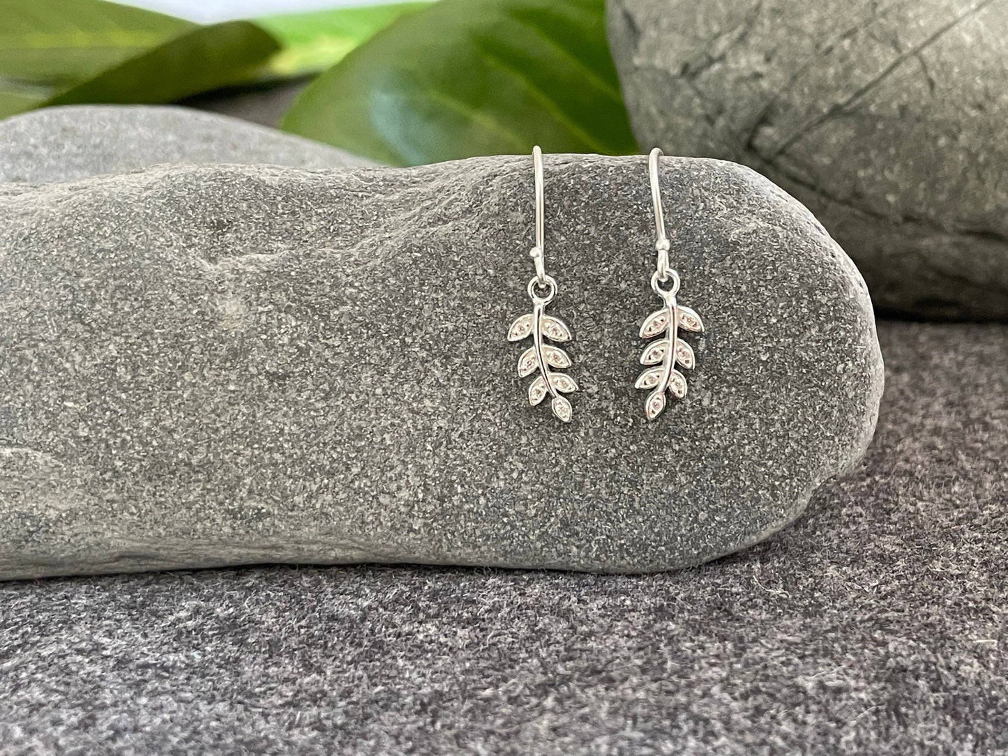 Olive Leaf Drop Earrings - 925 Sterling Silver with Cubic Zirconia CZ