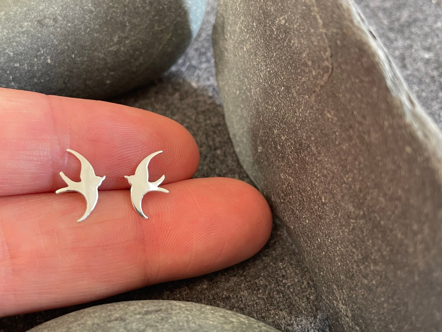 Swallows - 925 Sterling Silver Plain Stud Earrings