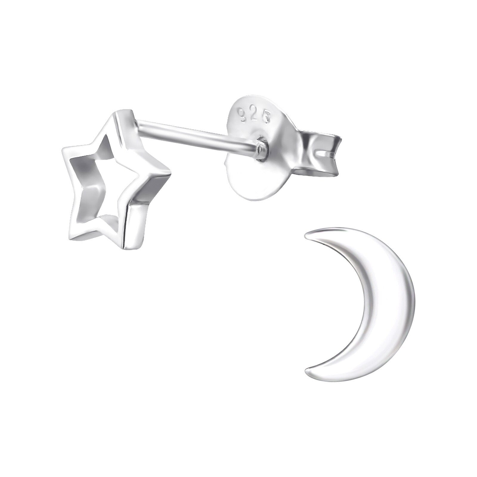 Star and Moon - 925 Sterling Silver Plain Stud Earrings - Boxed