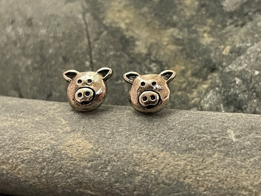 Pig - 925 Sterling Silver Plain Stud Earrings