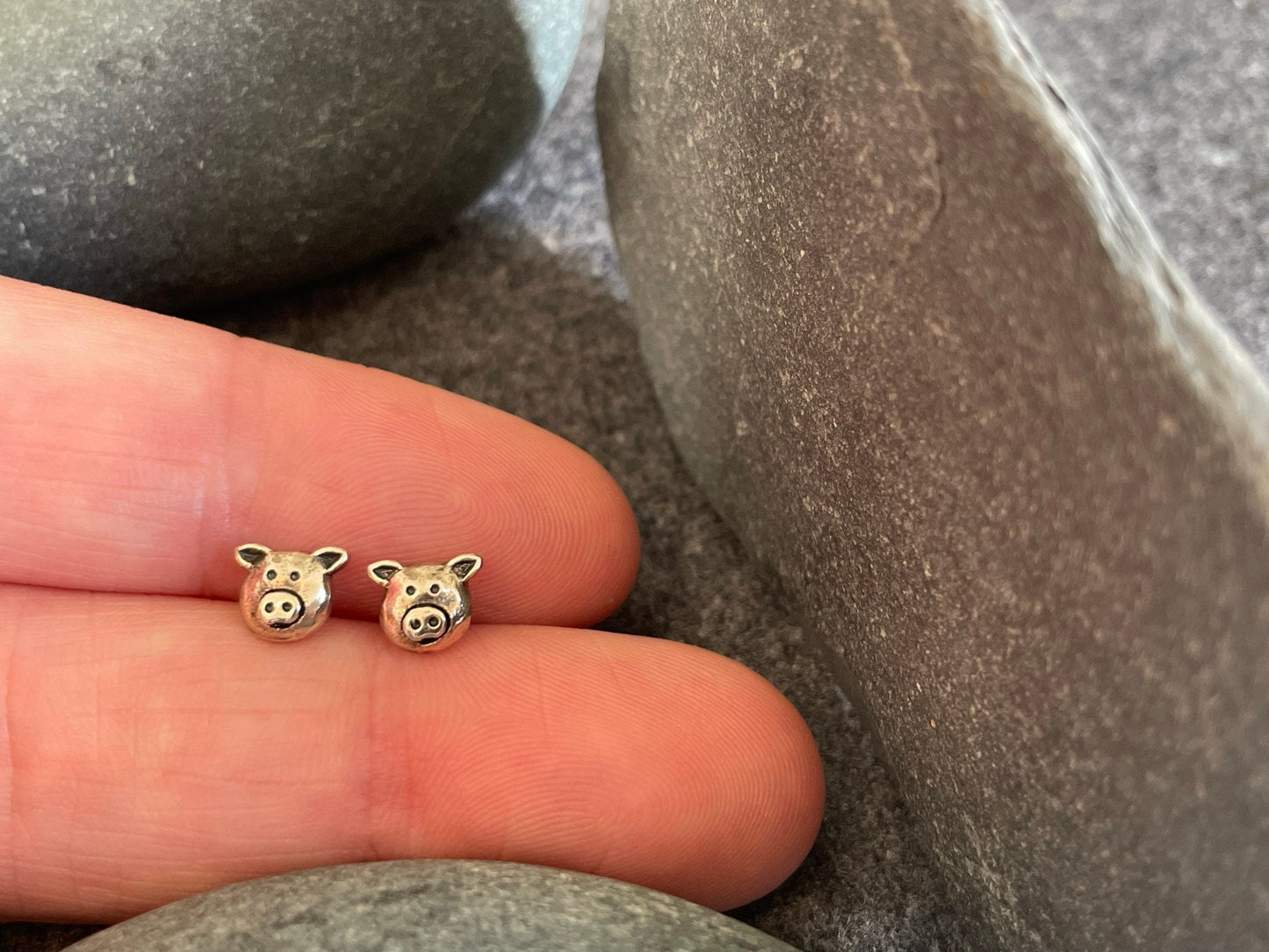 Pig - 925 Sterling Silver Plain Stud Earrings