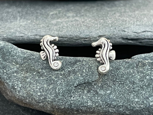 Seahorse - 925 Sterling Silver Crystal Stud Earrings