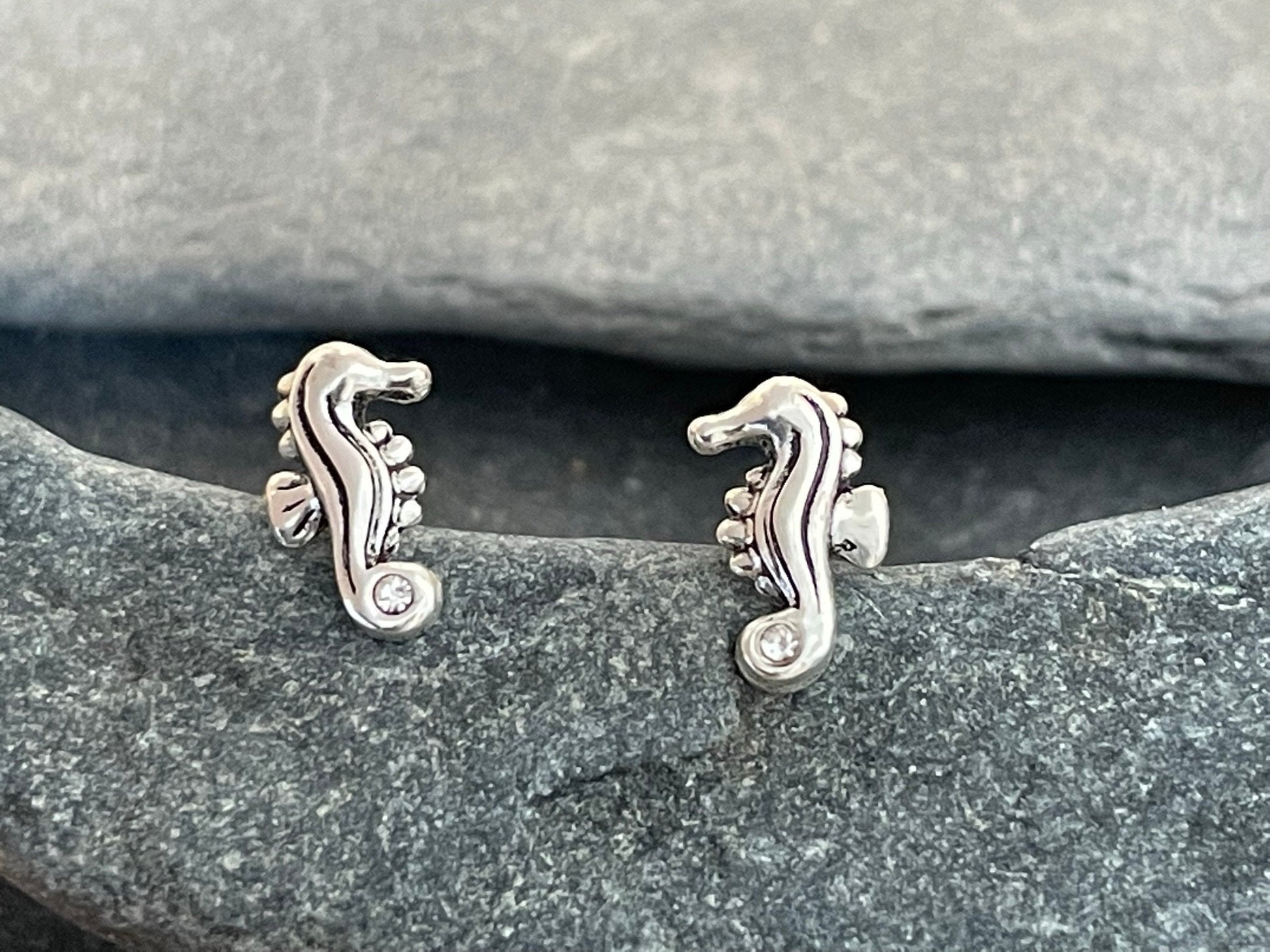 Seahorse - 925 Sterling Silver Crystal Stud Earrings