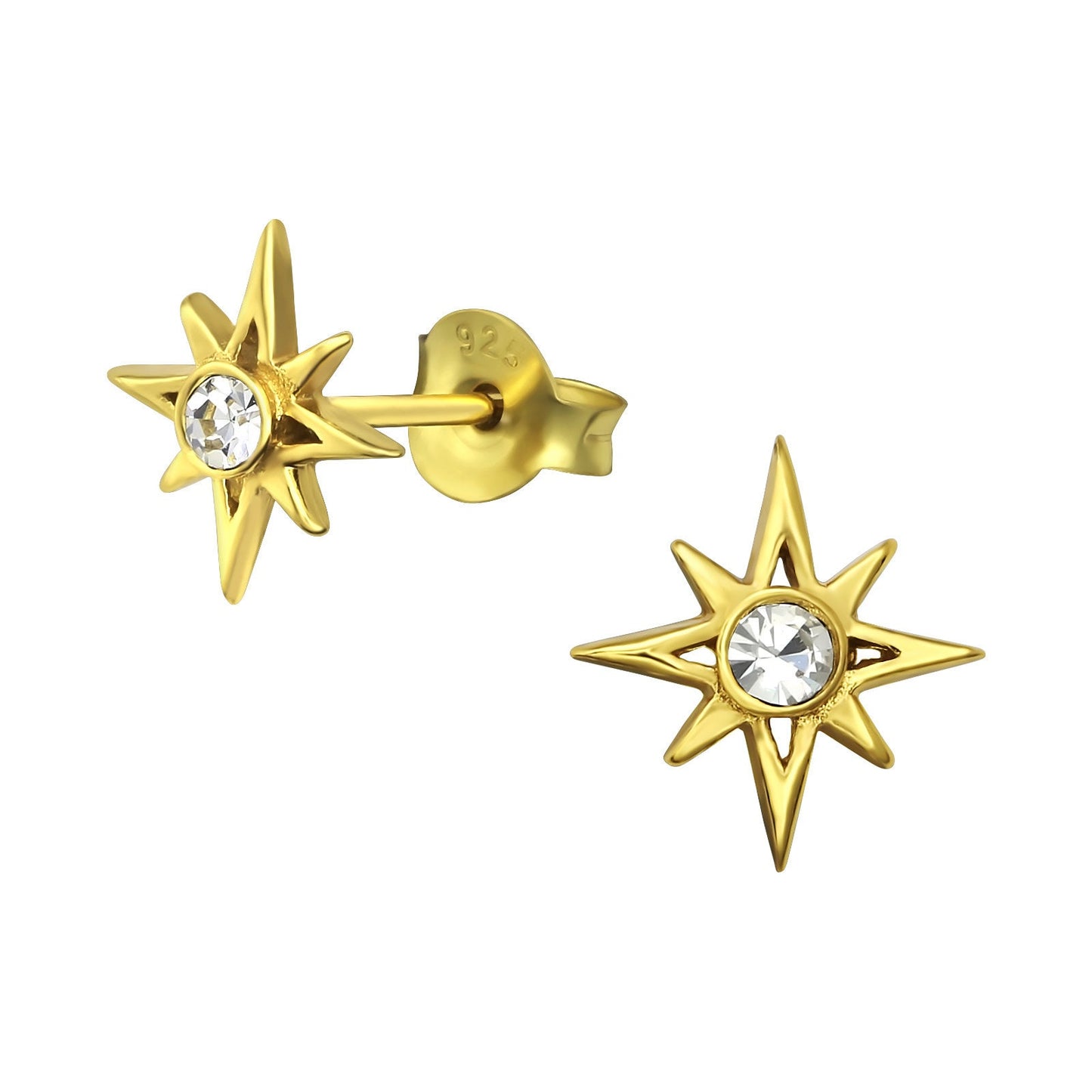 Star - 925 Sterling Silver Cube Zirconia CZ Stud Earrings (Gold) Boxed