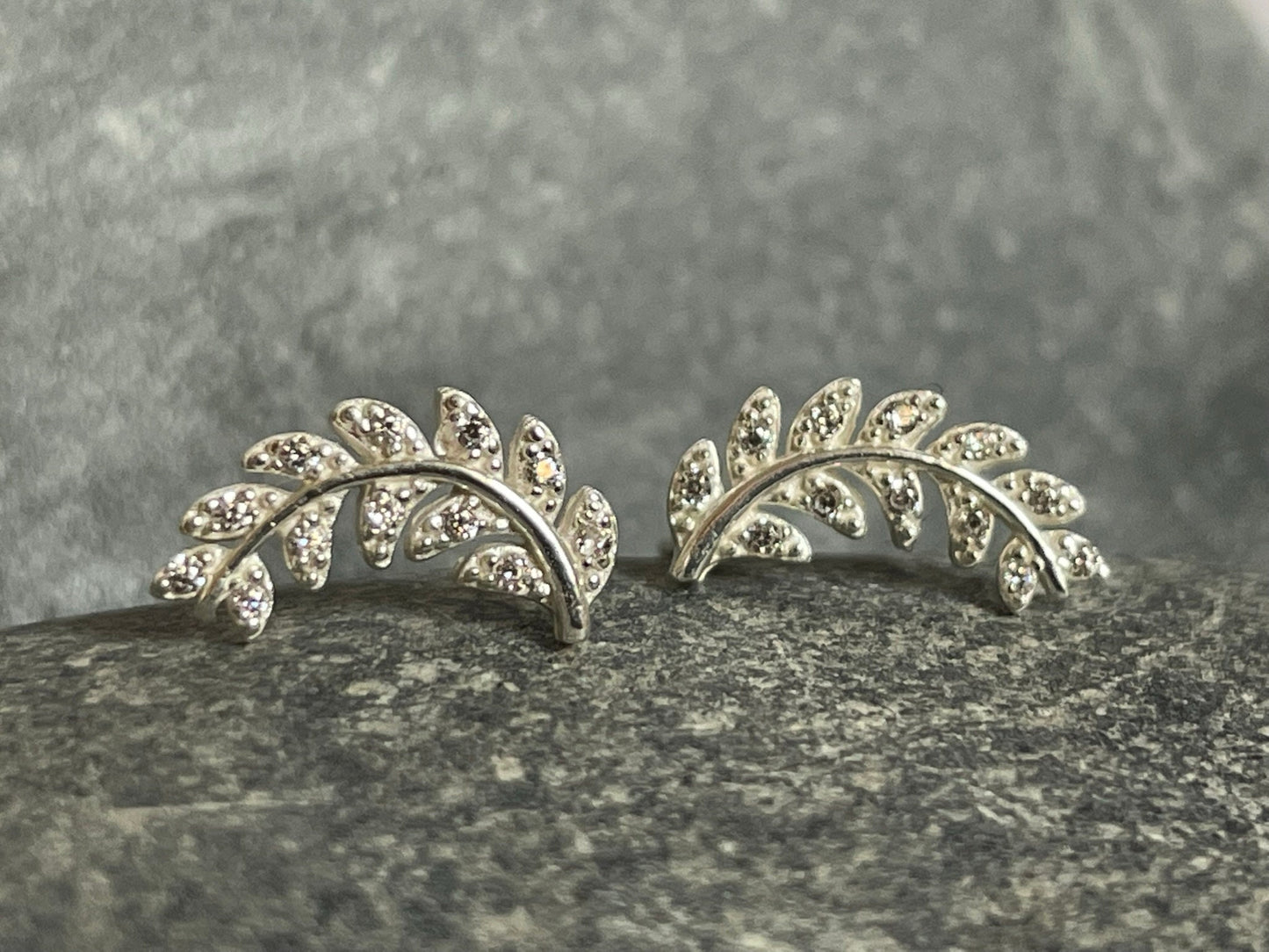 Olive Leaf Climber - 925 Sterling Silver Cubic Zirconia CZ Stud Earrings