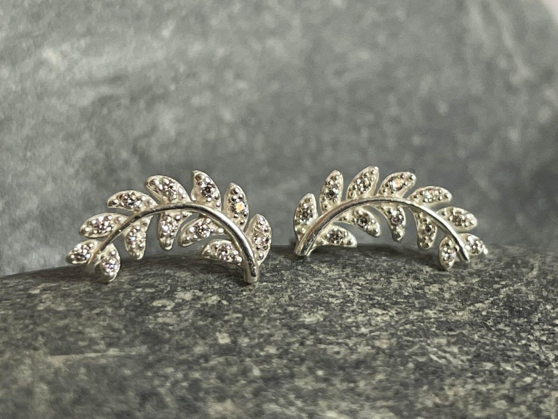 Olive Leaf Climber - 925 Sterling Silver Cubic Zirconia CZ Stud Earrings