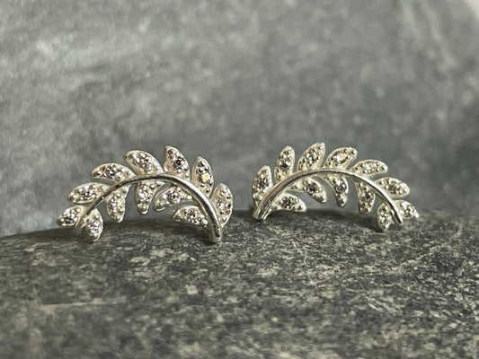 Olive Leaf Climber - 925 Sterling Silver Cubic Zirconia CZ Stud Earrings