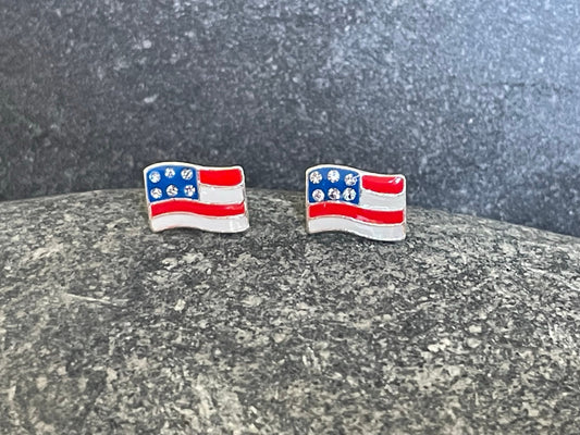 USA Flag - 925 Sterling Silver Colourful Stud Earrings with Crystal stars