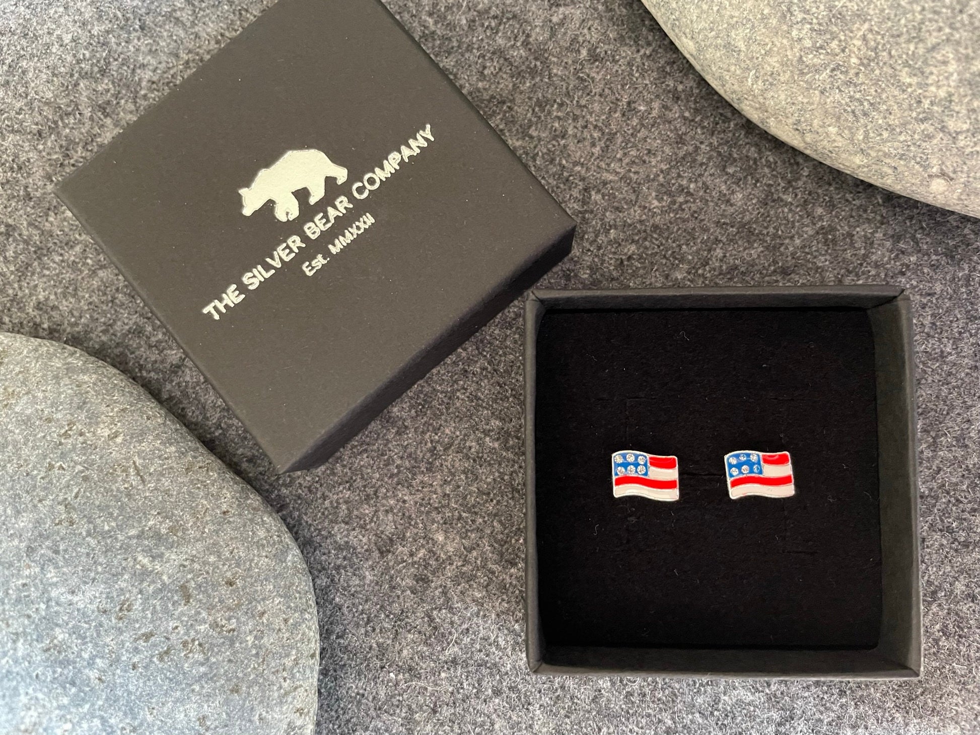 USA Flag - 925 Sterling Silver Colourful Stud Earrings with Crystal stars