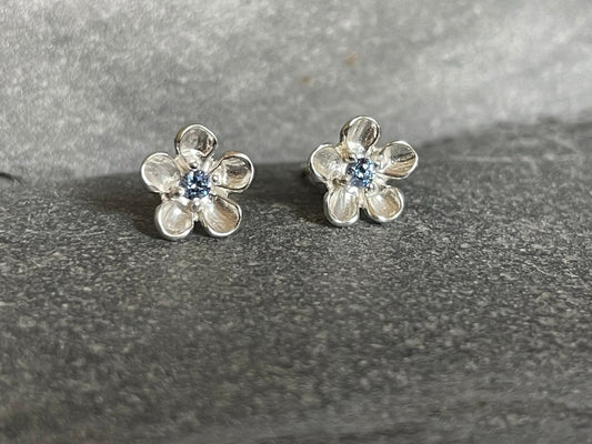 Flower - 925 Sterling Silver Blue Cubic Zirconia CZ Stud Earrings: Forget Me Not. Boxed