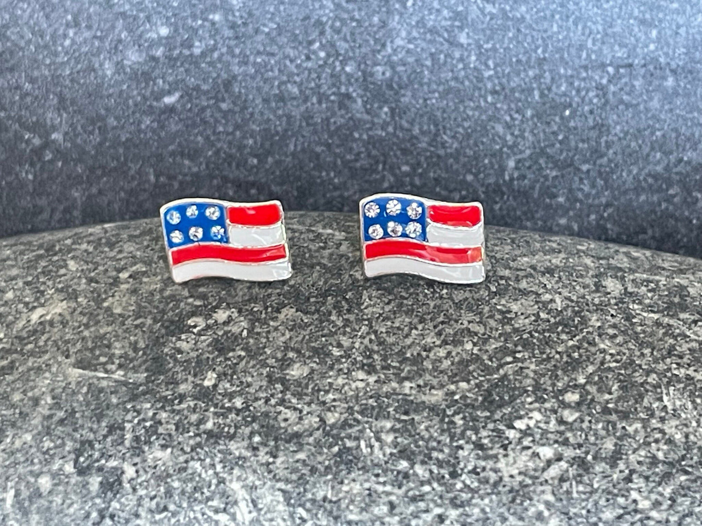 USA Flag - 925 Sterling Silver Colourful Stud Earrings with Crystal stars