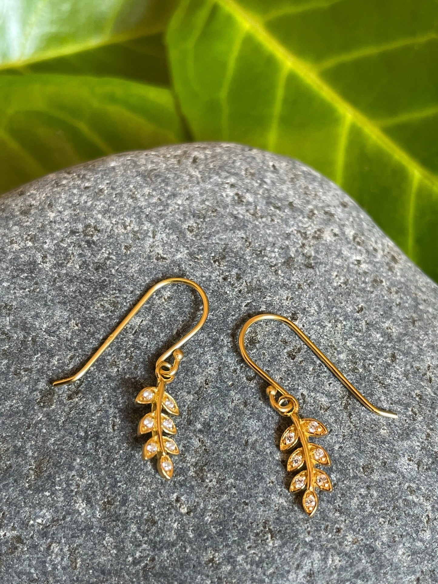 Olive Leaf Drop Earrings - 925 Sterling Silver with Cubic Zirconia CZ (GOLD)