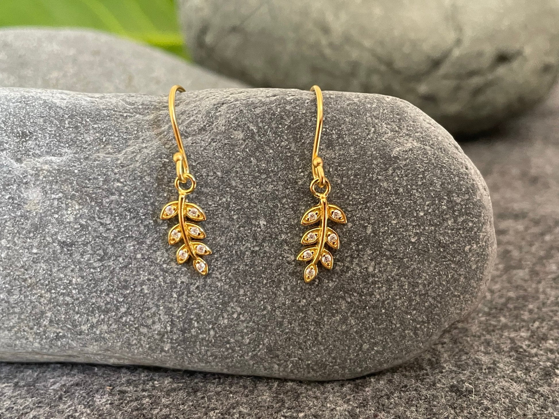 Olive Leaf Drop Earrings - 925 Sterling Silver with Cubic Zirconia CZ (GOLD)