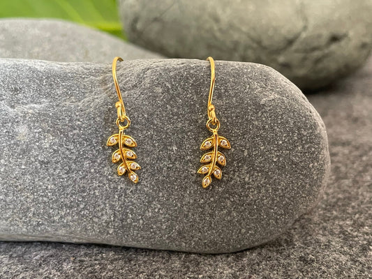 Olive Leaf Drop Earrings - 925 Sterling Silver with Cubic Zirconia CZ (GOLD)