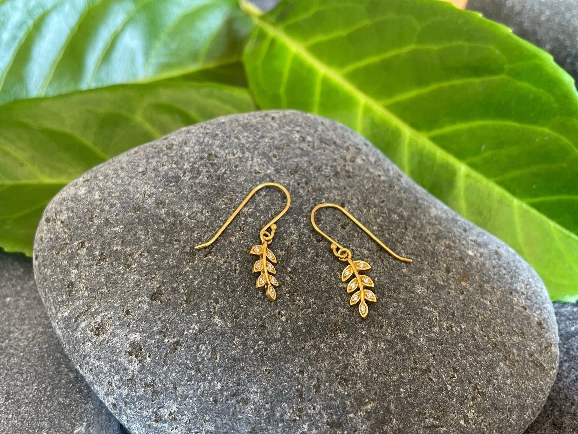Olive Leaf Drop Earrings - 925 Sterling Silver with Cubic Zirconia CZ (GOLD)