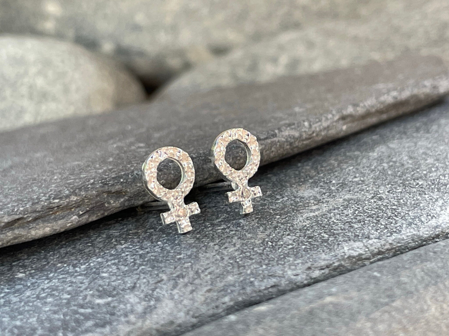 Female Symbol - 925 Sterling Silver Cubic Zirconia CZ Stud Earrings. Venus Boxed