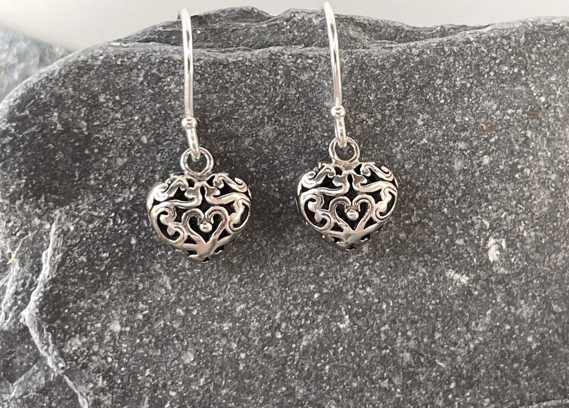 Filigree Heart - 925 Sterling Silver 3D Drop Earrings