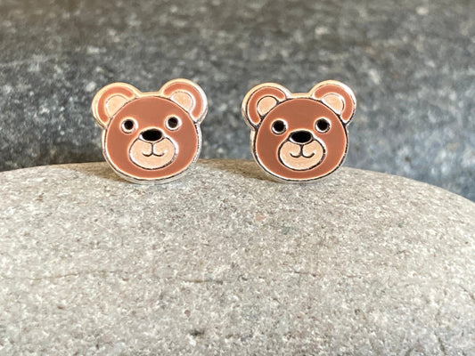 Teddy Bear Stud Earrings: 925 Sterling Silver, Enamel Jewelry