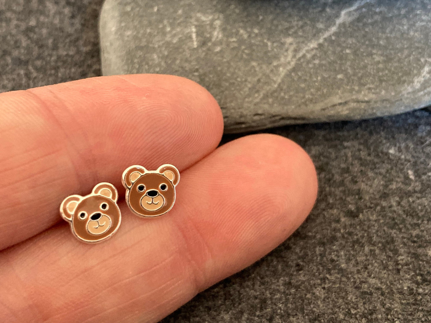 Teddy Bear Stud Earrings: 925 Sterling Silver, Enamel Jewelry