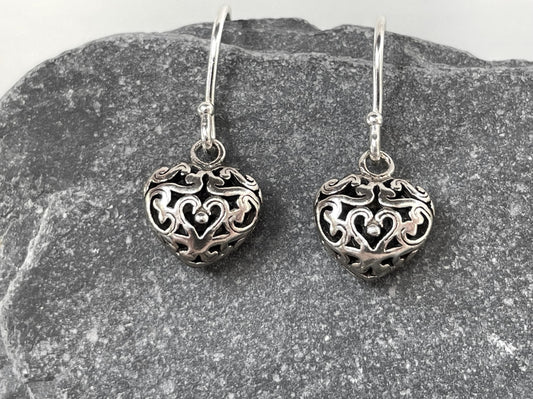 Filigree Heart - 925 Sterling Silver 3D Drop Earrings